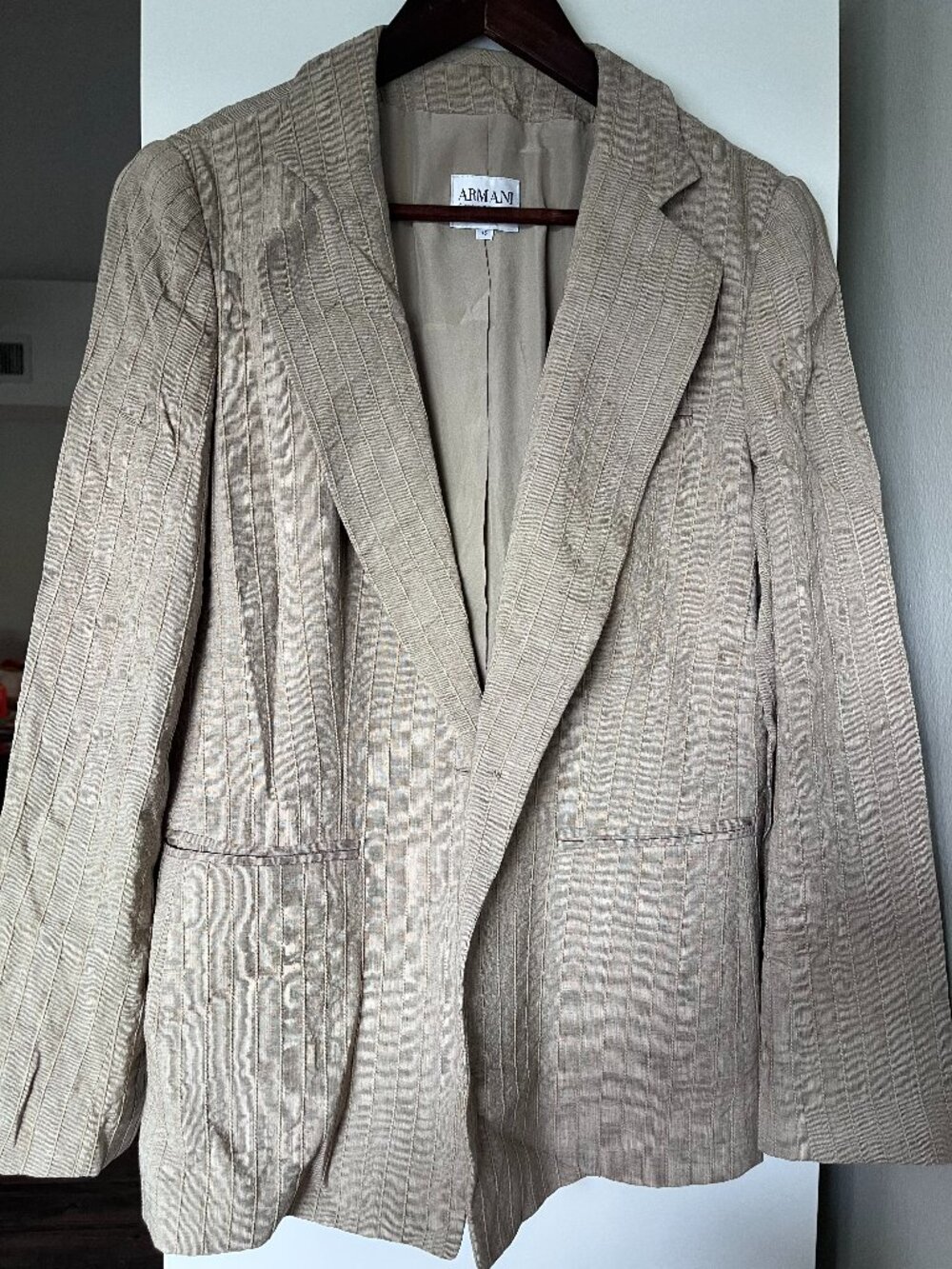 Armani Collezioni Italy Beige Linen Viscose Textured Ribbed Blazer Size 46 US 10